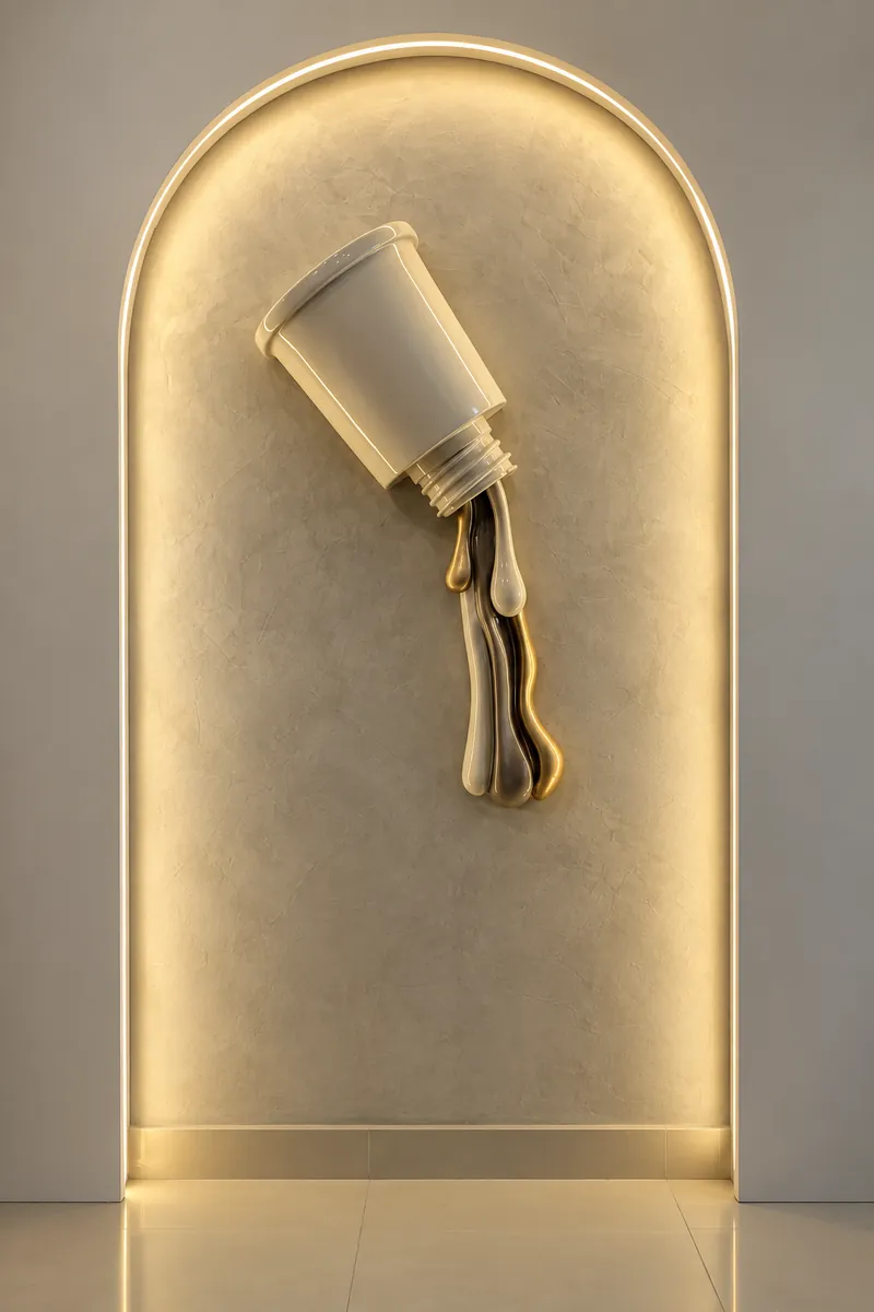 Escultura de un frasco de esmalte derramándose en un nicho en arco