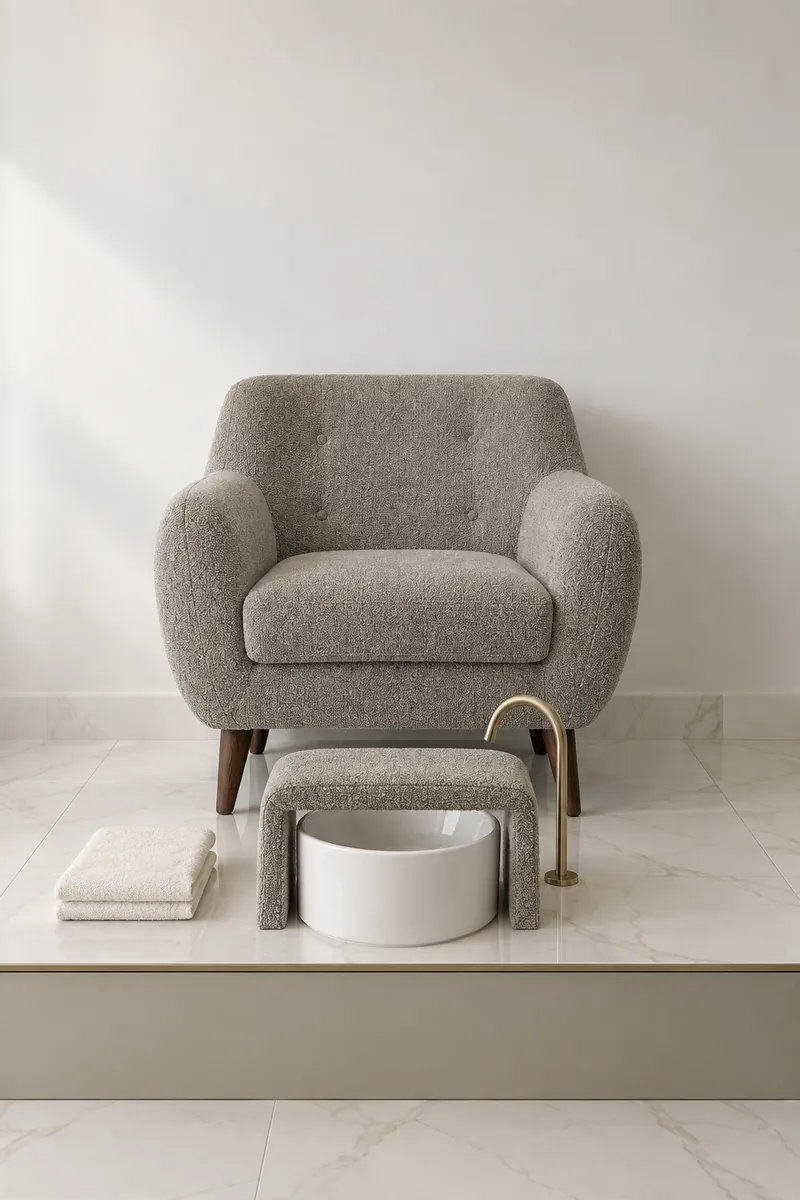 Sillón de pedicura con lavapiés blanco y grifería dorada