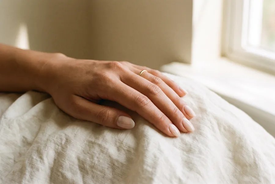 Uñas almendra cortas en nude lechoso