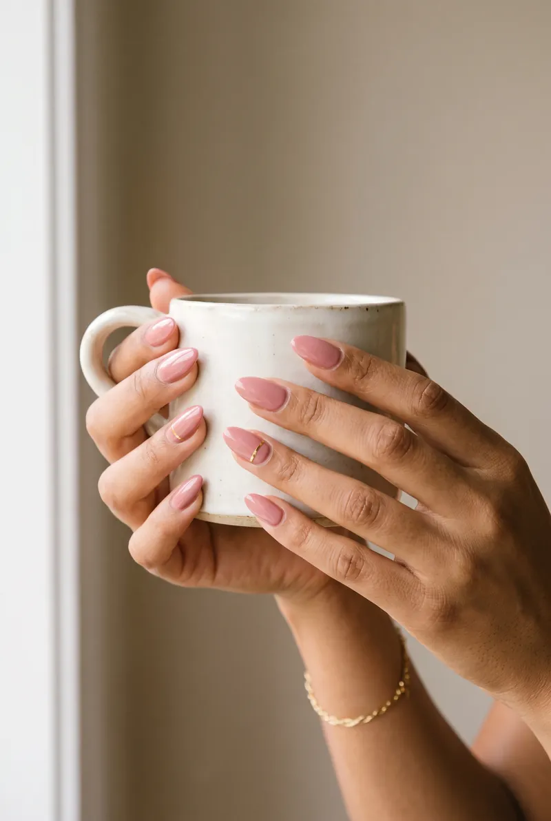 Uñas rosa té con línea dorada