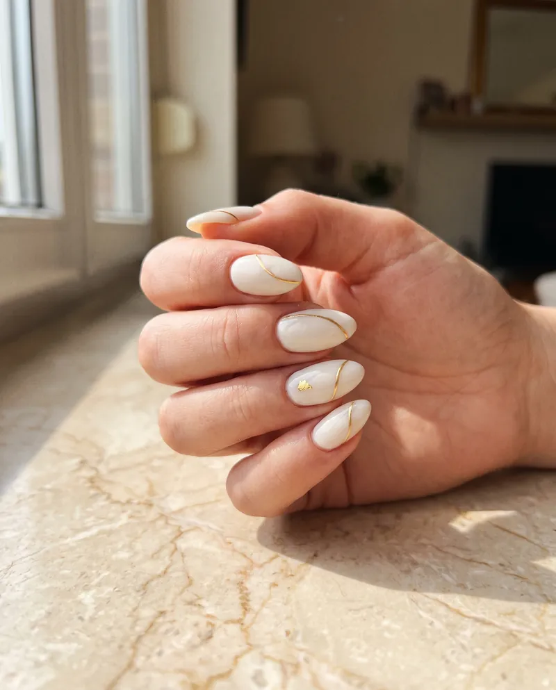 Uñas almendra con líneas doradas