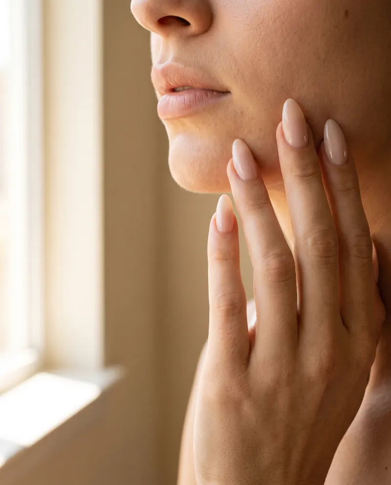 Rostro y mano con uñas almendra en nude brillante